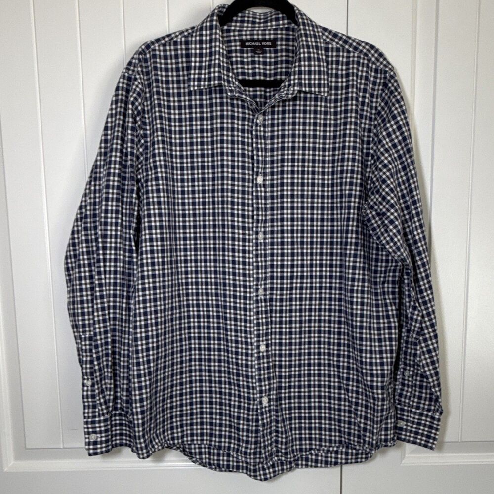 Michael Kors Men's XL Cotton Button-Up Long Sleeve Check Shirt Blue White Gray